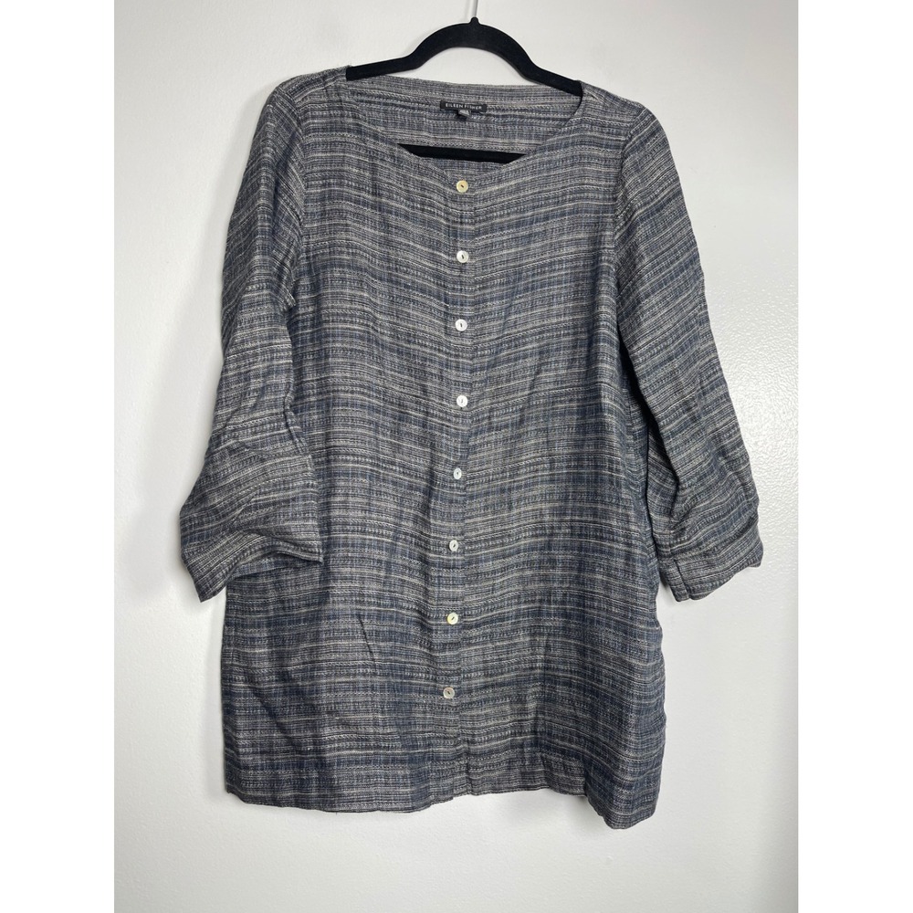 EILEEN FISHER Organic Linen‎ Button Front Tunic Top XS Textured Lagenlook Earthy